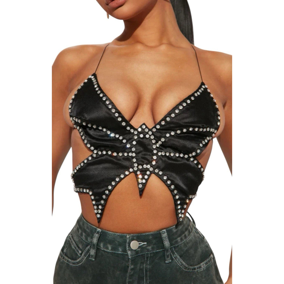 Jumisee Butterfly Top Womens Size M Black Open Back Beaded Rhinestone - Picture 3 of 10